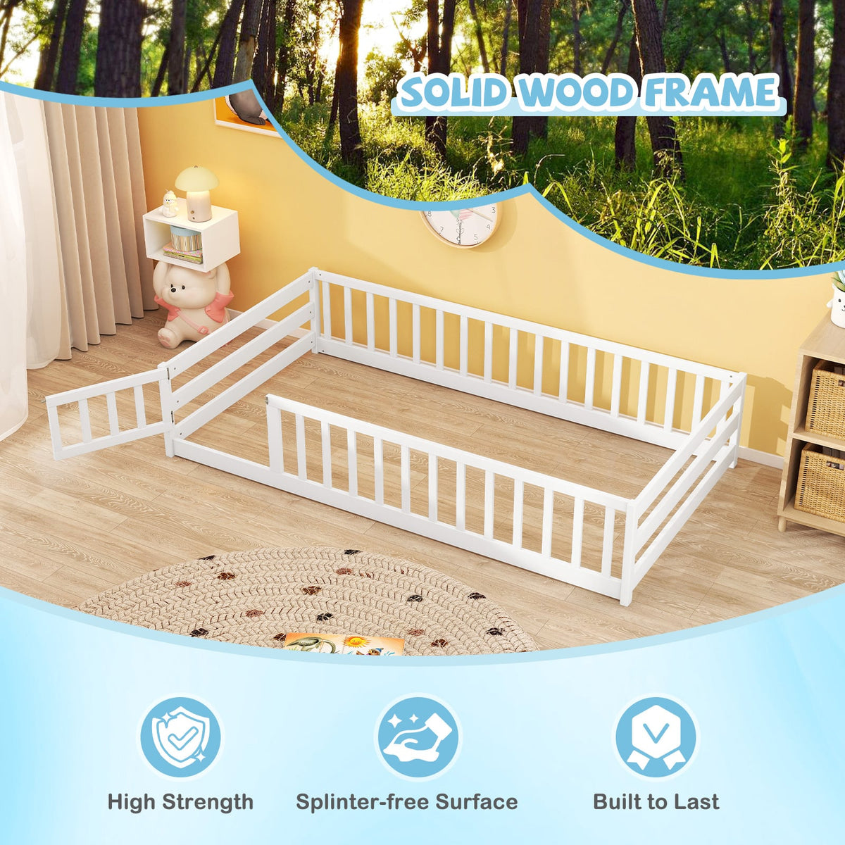 Twin Size Kids Wood Montessori Floor Bed with Door and Fence-White-Toddler Beds-DECOROLALA