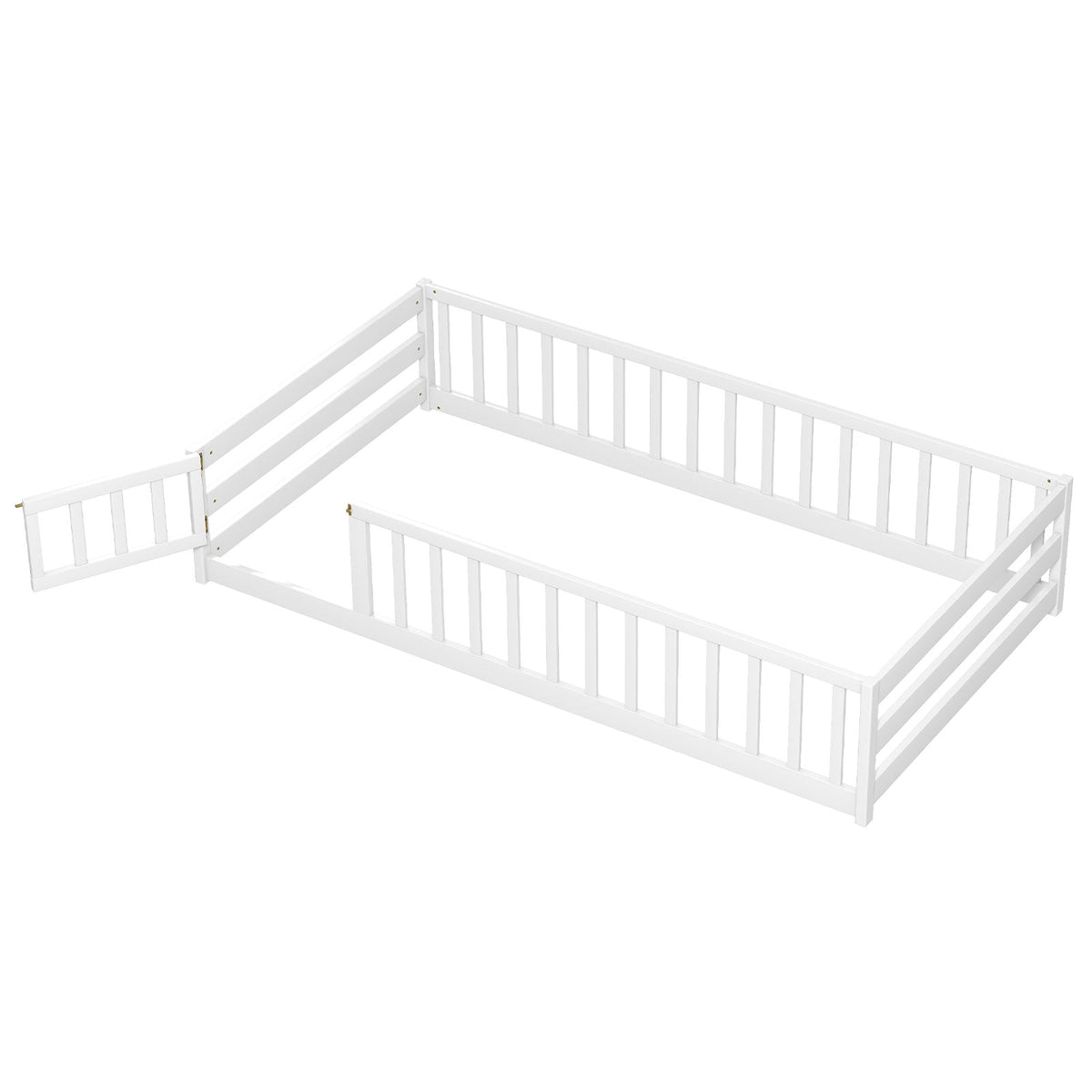 Twin Size Kids Wood Montessori Floor Bed with Door and Fence-White-Toddler Beds-DECOROLALA