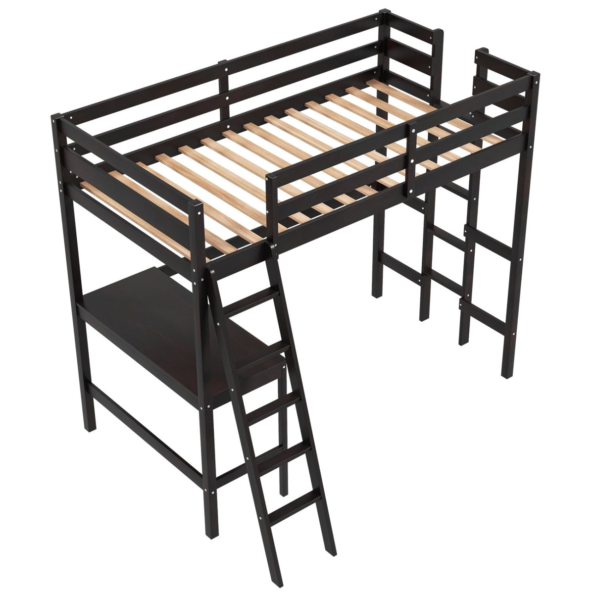 Twin Size Loft Bed Frame with Desk and Angled Ladder - White Wood-Bunk Bed Frame-DECOROLALA
