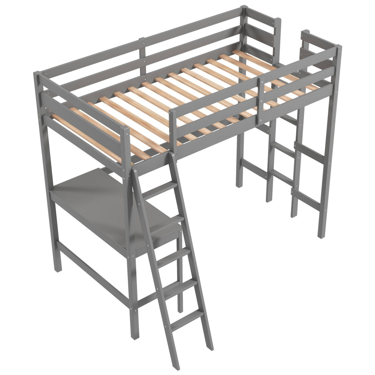 Twin Size Loft Bed Frame with Desk and Angled Ladder - White Wood-Bunk Bed Frame-DECOROLALA