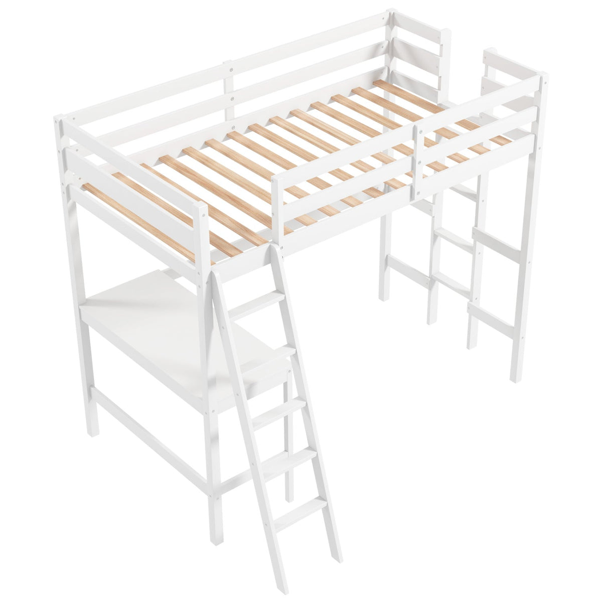 Twin Size Loft Bed Frame with Desk and Angled Ladder - White Wood-Bunk Bed Frame-DECOROLALA