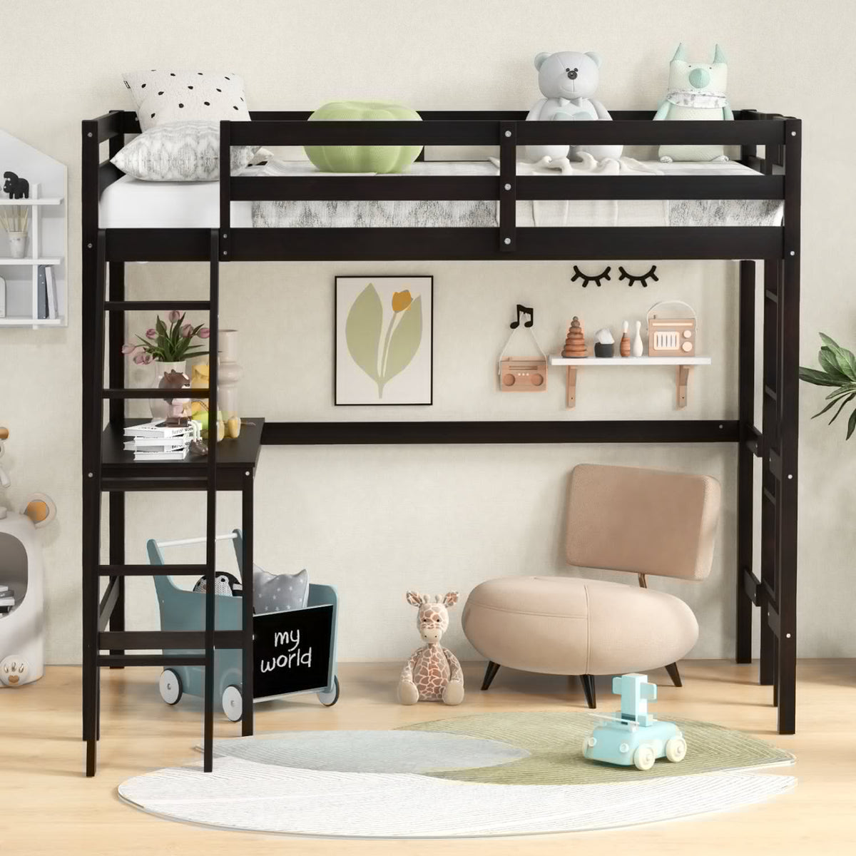 Twin Size Loft Bed Frame with Desk and Angled Ladder - White Wood-Bunk Bed Frame-DECOROLALA
