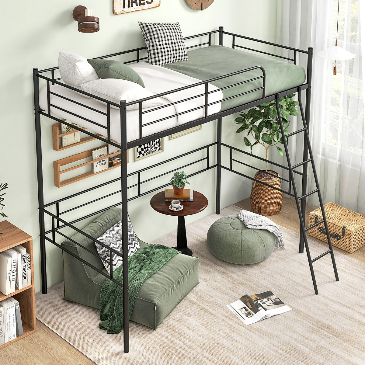 Twin Size Loft Bed Metal Bed Frame with Ladder and Guardrails-Black-Bunk Bed Frame-DECOROLALA