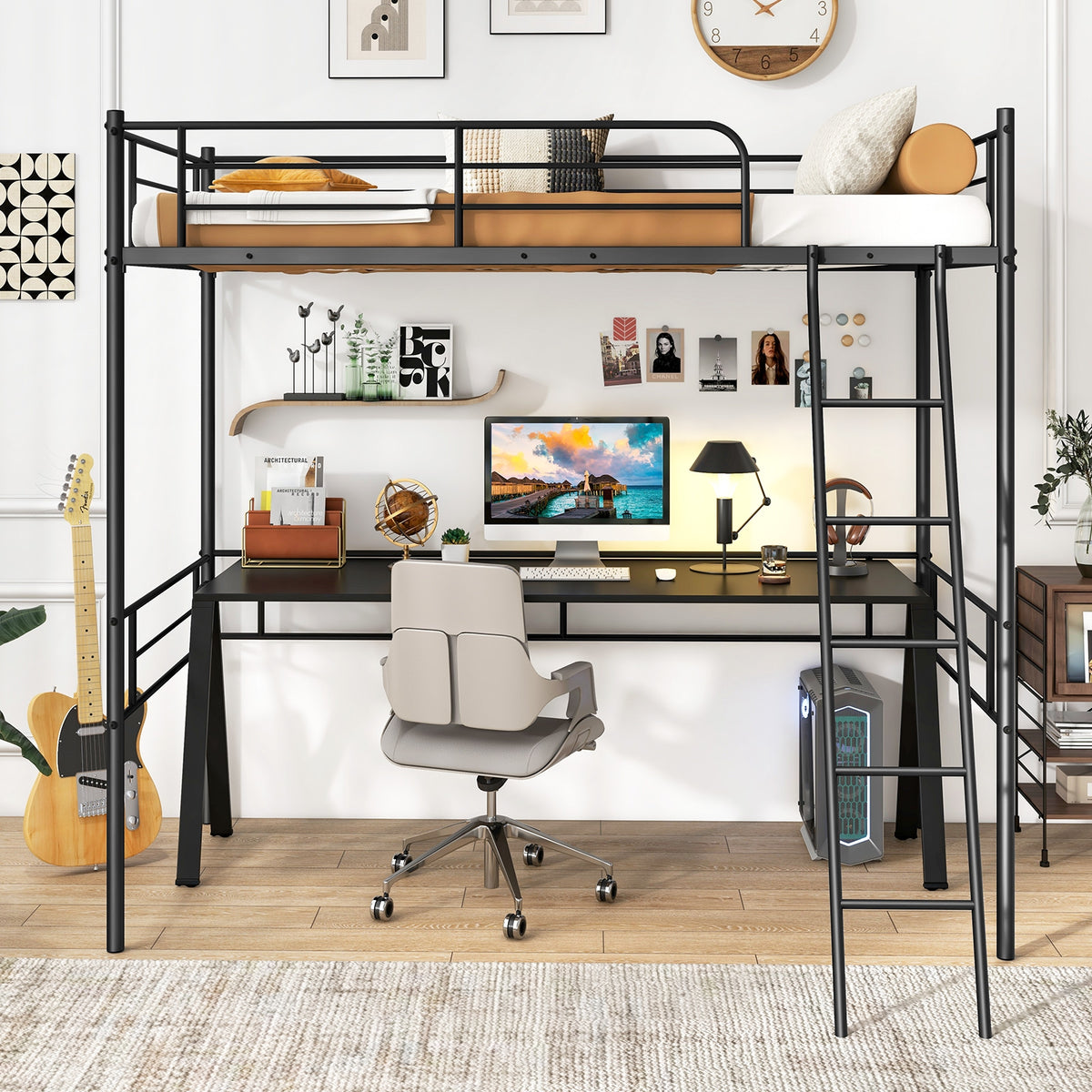 Twin Size Loft Bed Metal Bed Frame with Ladder and Guardrails-Black-Bunk Bed Frame-DECOROLALA