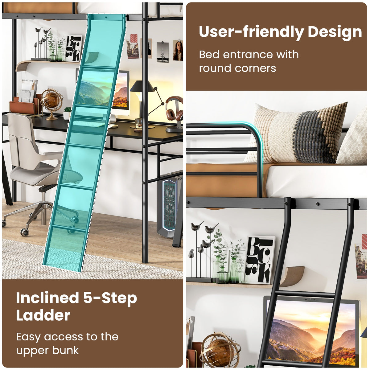 Twin Size Loft Bed Metal Bed Frame with Ladder and Guardrails-Black-Bunk Bed Frame-DECOROLALA