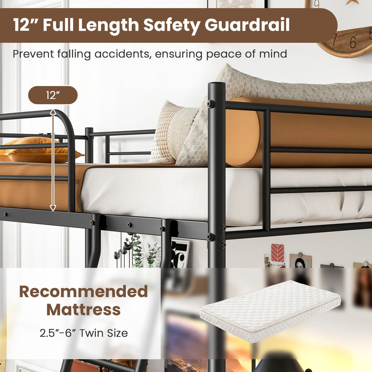 Twin Size Loft Bed Metal Bed Frame with Ladder and Guardrails-Black-Bunk Bed Frame-DECOROLALA