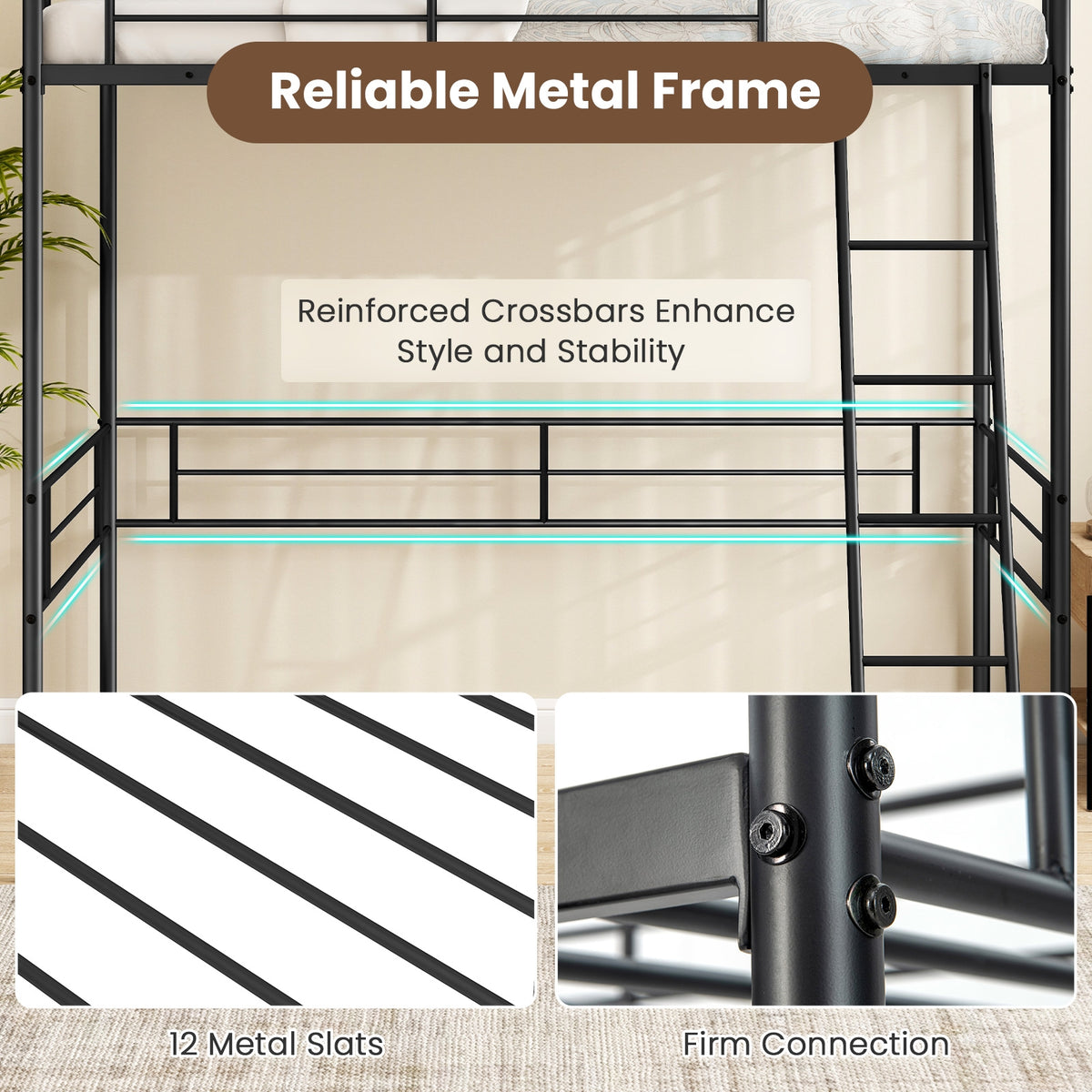 Twin Size Loft Bed Metal Bed Frame with Ladder and Guardrails-Black-Bunk Bed Frame-DECOROLALA