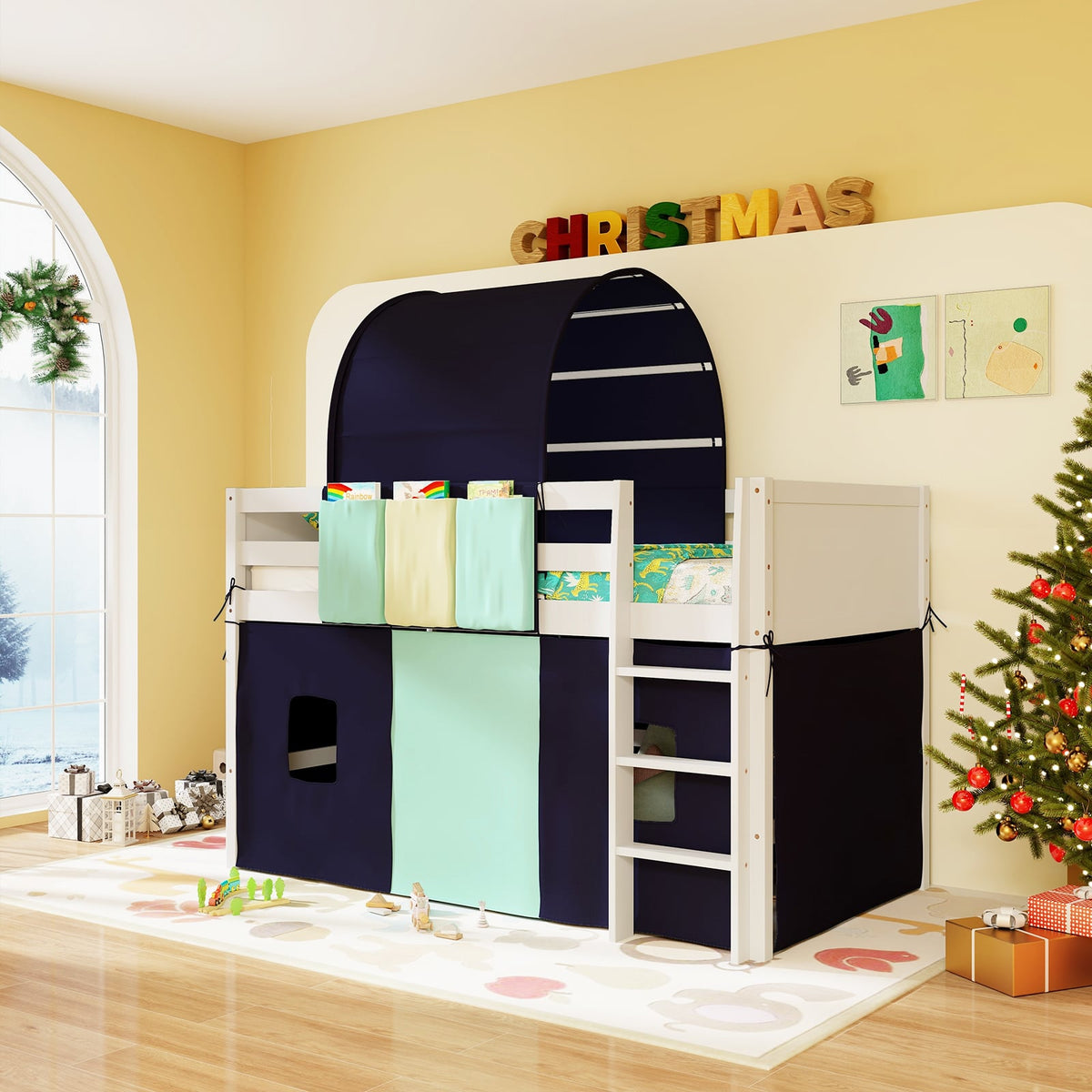 Twin Size Loft Bed Playhouse Bed Frame with Tower Tent and 3 Storage Pockets-Navy-Toddler Beds-DECOROLALA