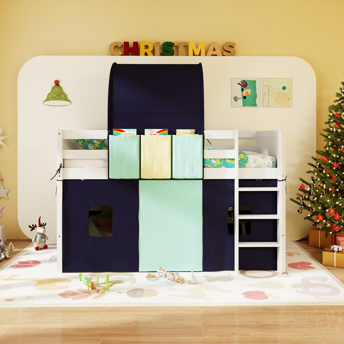 Twin Size Loft Bed Playhouse Bed Frame with Tower Tent and 3 Storage Pockets-Navy-Toddler Beds-DECOROLALA