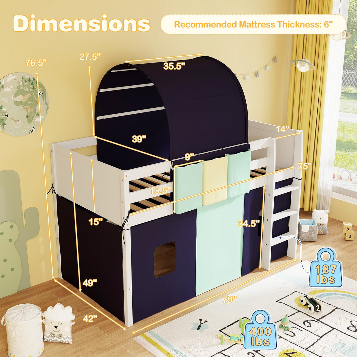 Twin Size Loft Bed Playhouse Bed Frame with Tower Tent and 3 Storage Pockets-Navy-Toddler Beds-DECOROLALA