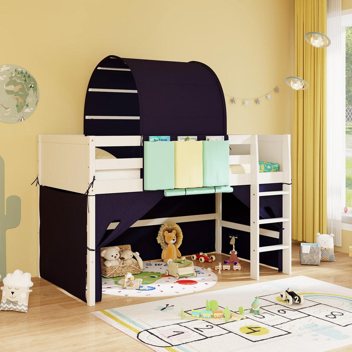 Twin Size Loft Bed Playhouse Bed Frame with Tower Tent and 3 Storage Pockets-Navy-Toddler Beds-DECOROLALA