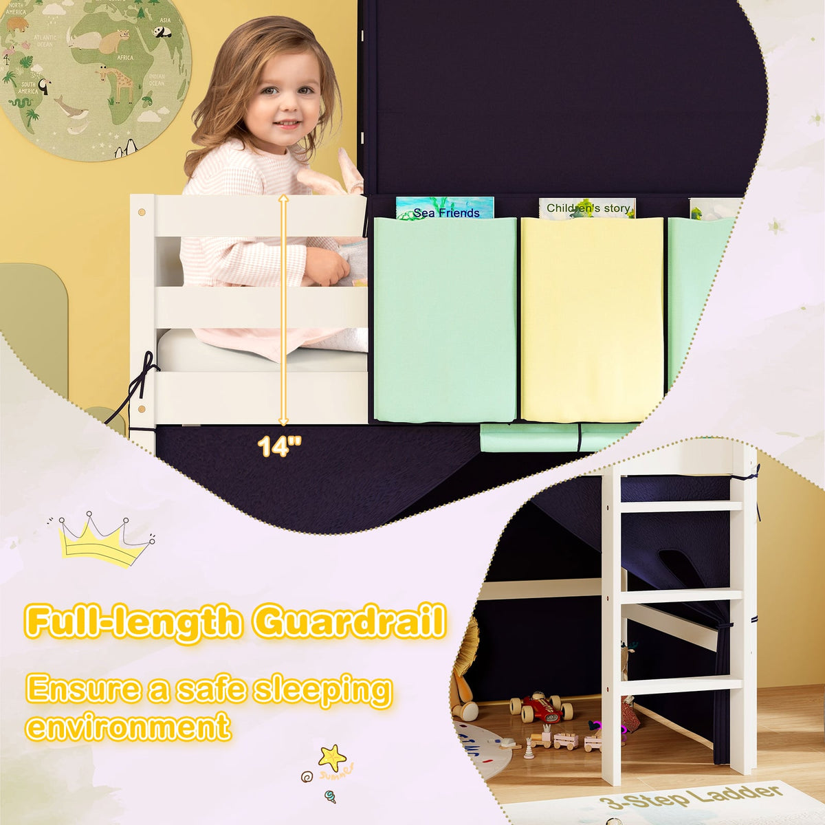 Twin Size Loft Bed Playhouse Bed Frame with Tower Tent and 3 Storage Pockets-Navy-Toddler Beds-DECOROLALA