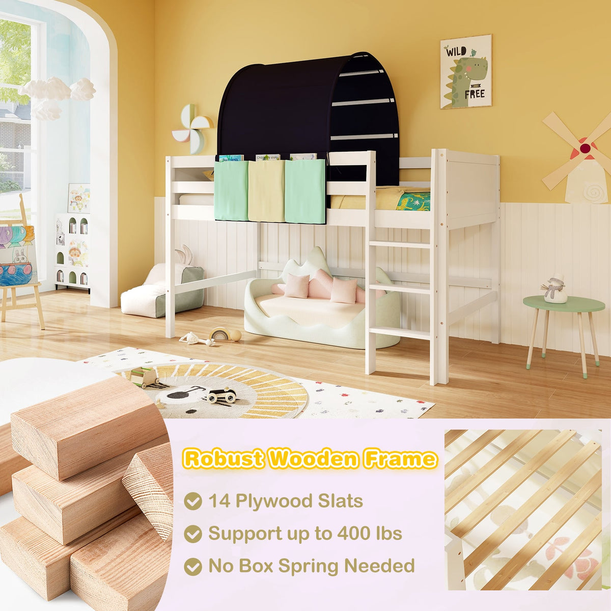 Twin Size Loft Bed Playhouse Bed Frame with Tower Tent and 3 Storage Pockets-Navy-Toddler Beds-DECOROLALA