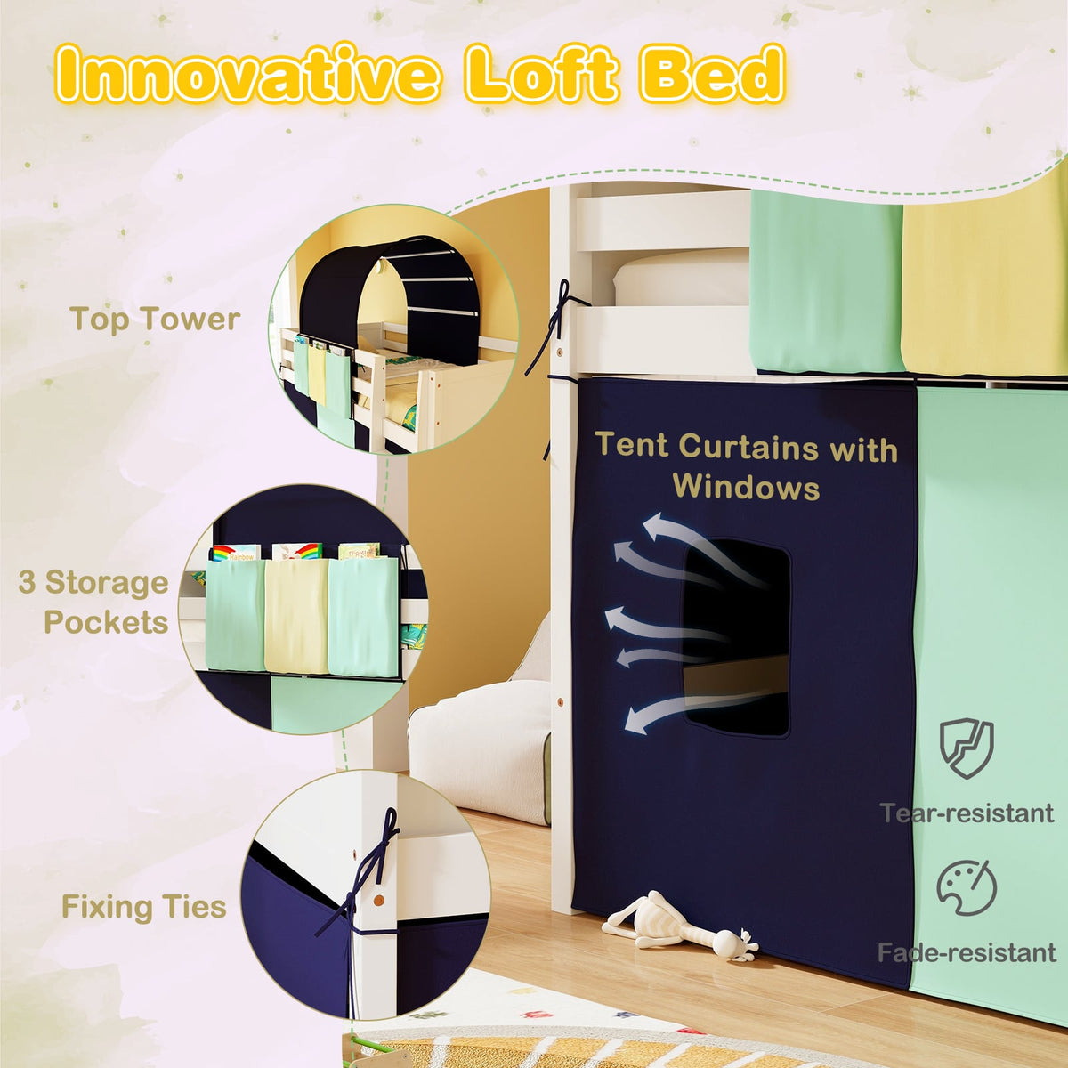 Twin Size Loft Bed Playhouse Bed Frame with Tower Tent and 3 Storage Pockets-Navy-Toddler Beds-DECOROLALA