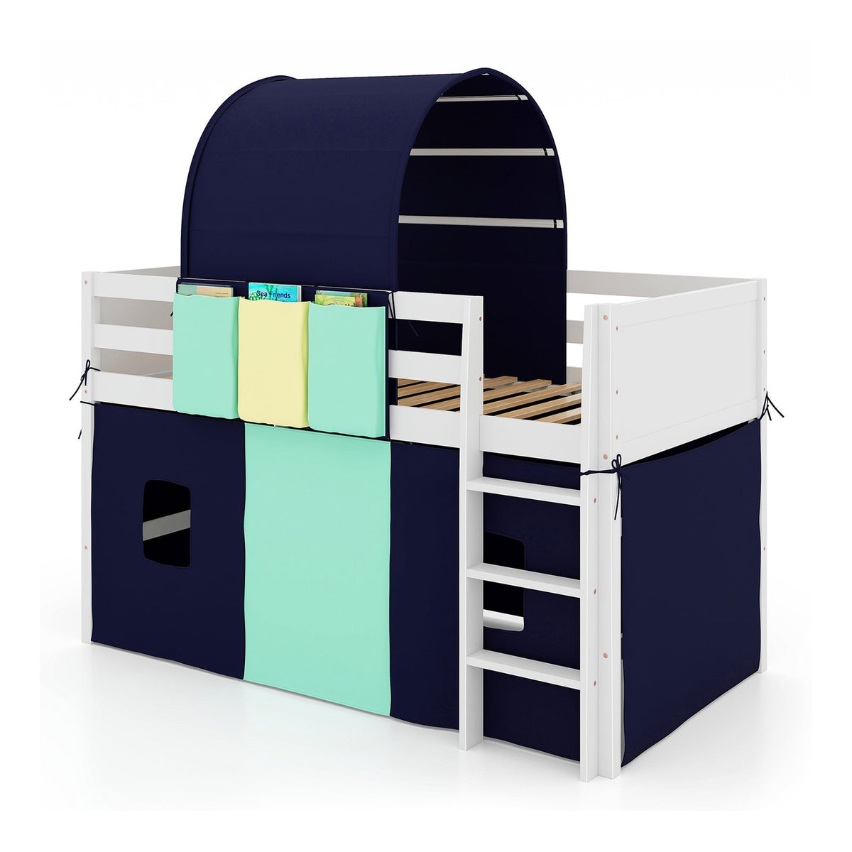 Twin Size Loft Bed Playhouse Bed Frame with Tower Tent and 3 Storage Pockets-Navy-Toddler Beds-DECOROLALA