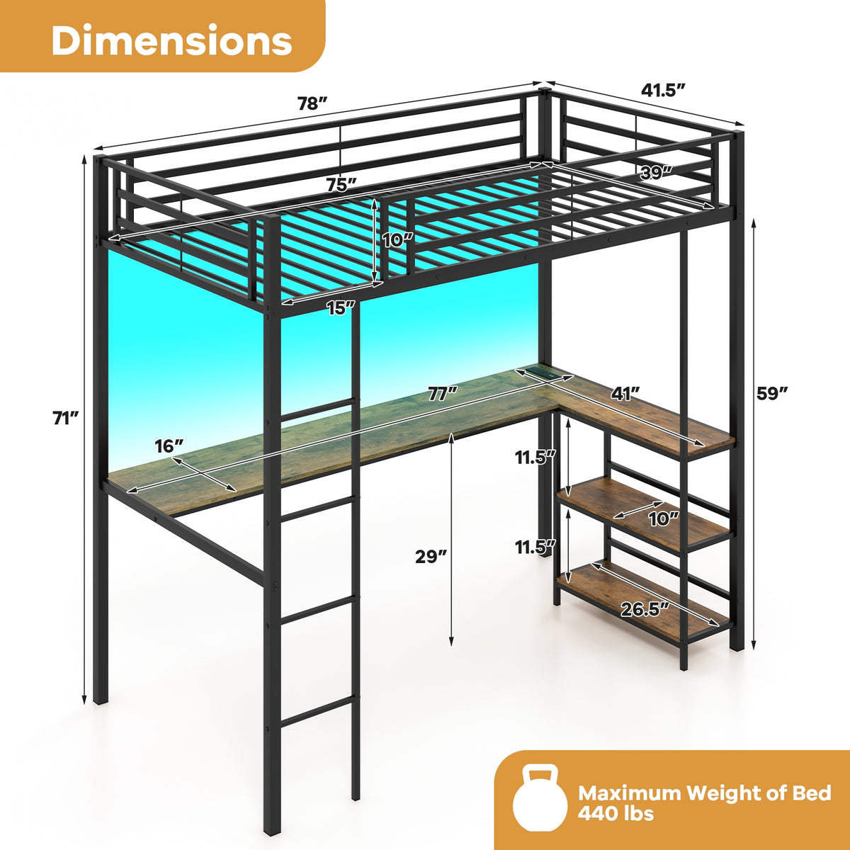 Twin Size Loft Bed Raised Platform Bed with Desk and 2 Storage Shelves-Black-Bunk Bed Frame-DECOROLALA