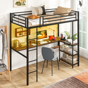 Twin Size Loft Bed Raised Platform Bed with Desk and 2 Storage Shelves-Black-Bunk Bed Frame-DECOROLALA