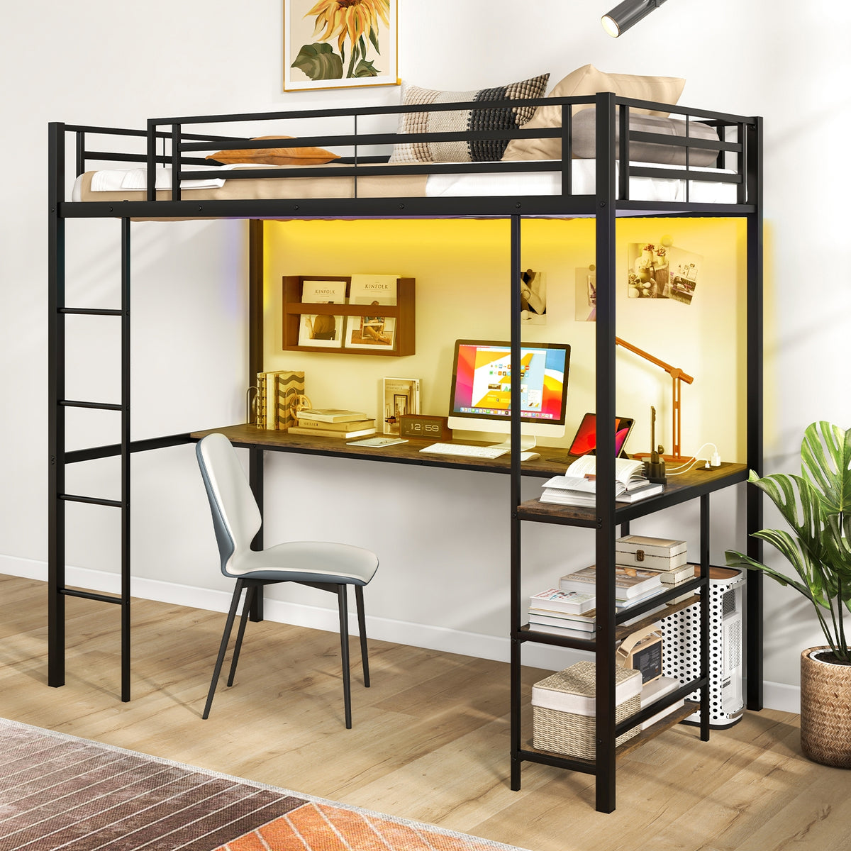 Twin Size Loft Bed Raised Platform Bed with Desk and 2 Storage Shelves-Black-Bunk Bed Frame-DECOROLALA