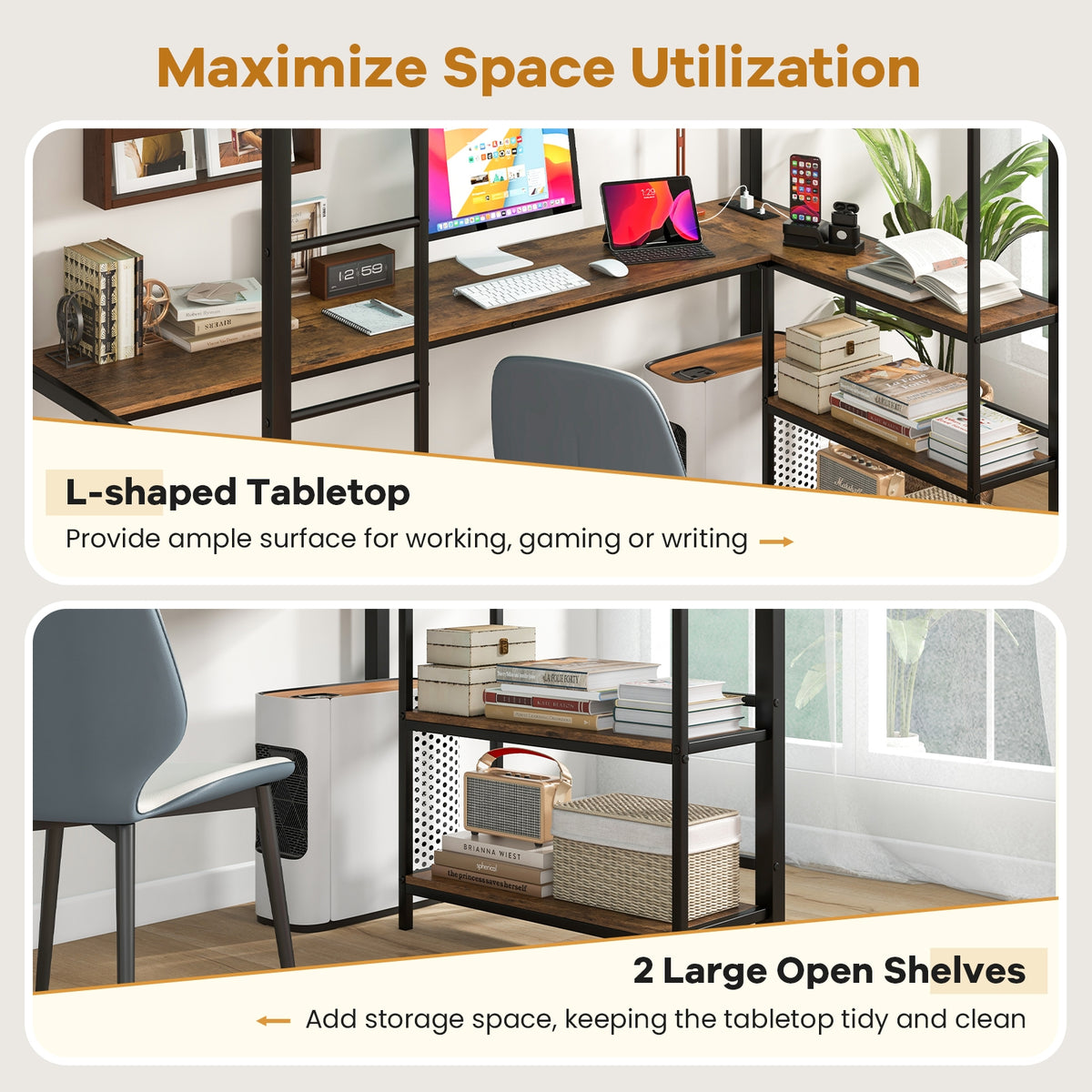 Twin Size Loft Bed Raised Platform Bed with Desk and 2 Storage Shelves-Black-Bunk Bed Frame-DECOROLALA