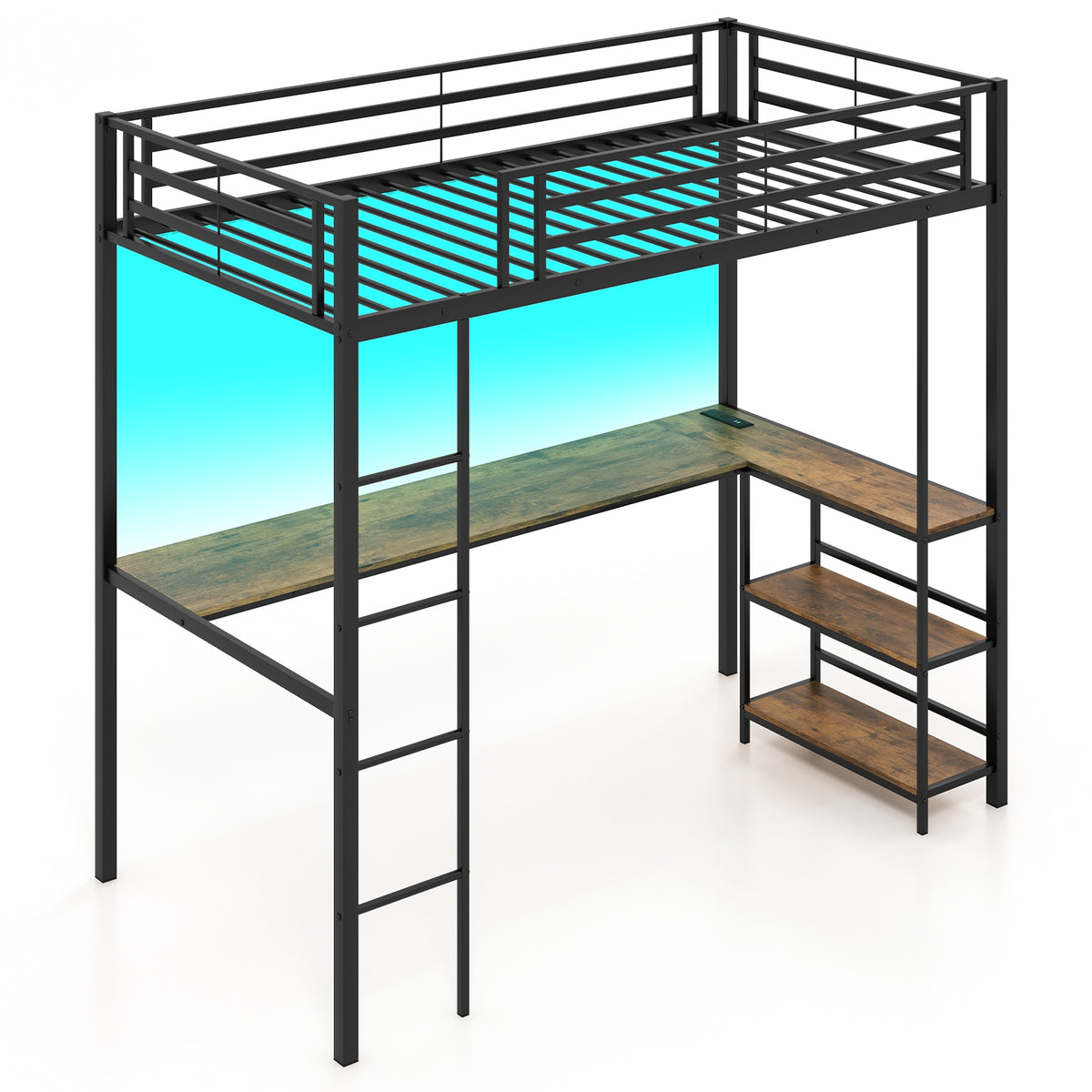 Twin Size Loft Bed Raised Platform Bed with Desk and 2 Storage Shelves-Black-Bunk Bed Frame-DECOROLALA