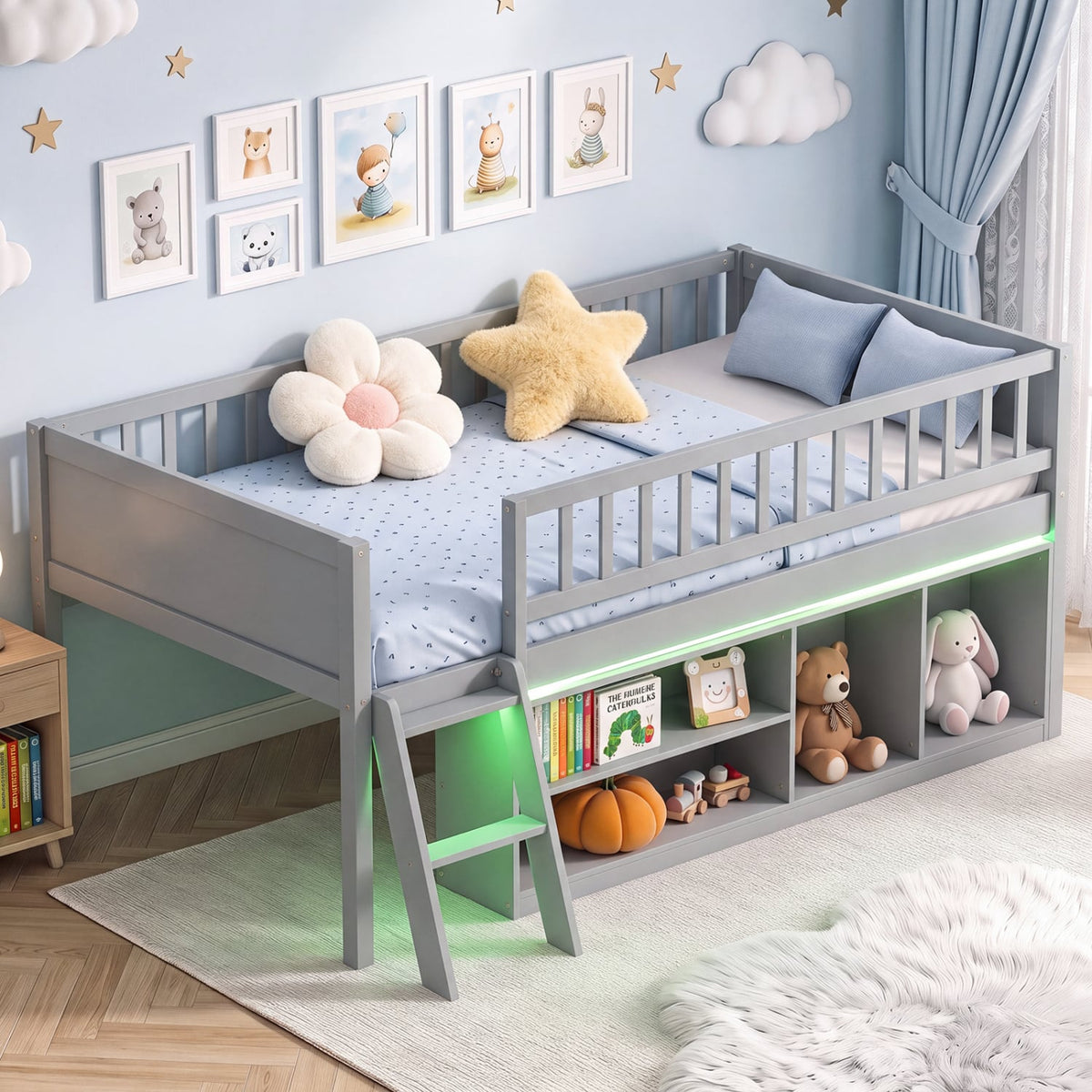 Twin Size Loft Bed with Adjustable LED Lights & Bookshelves and Guardrails for Kids-Gray-Toddler Beds-DECOROLALA