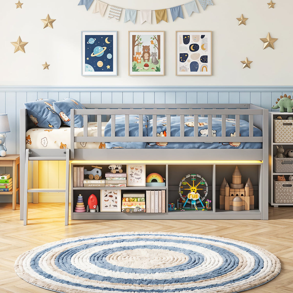 Twin Size Loft Bed with Adjustable LED Lights & Bookshelves and Guardrails for Kids-Gray-Toddler Beds-DECOROLALA
