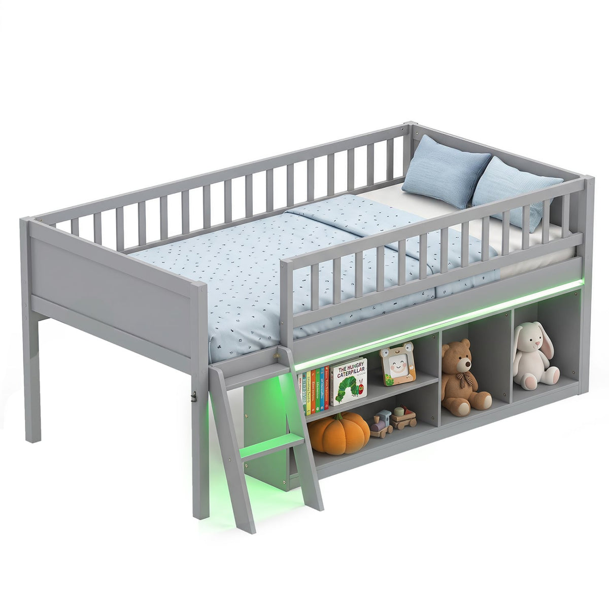 Twin Size Loft Bed with Adjustable LED Lights & Bookshelves and Guardrails for Kids-Gray-Toddler Beds-DECOROLALA