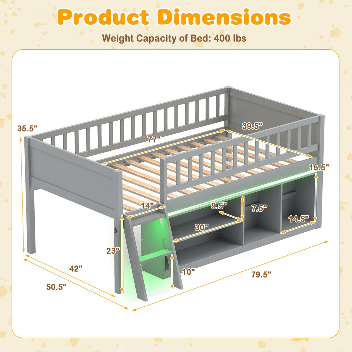 Twin Size Loft Bed with Adjustable LED Lights & Bookshelves and Guardrails for Kids-Gray-Toddler Beds-DECOROLALA