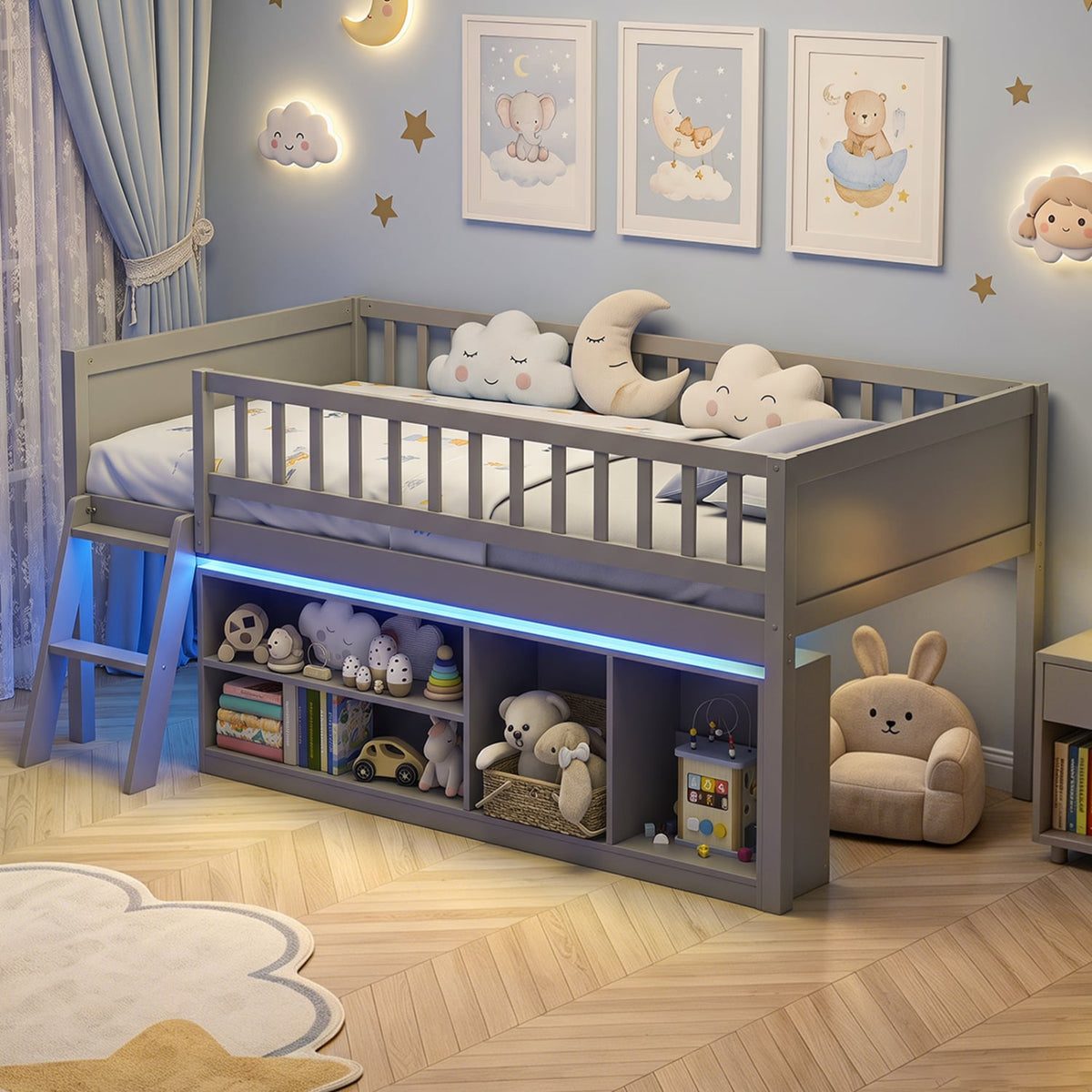 Twin Size Loft Bed with Adjustable LED Lights & Bookshelves and Guardrails for Kids-Gray-Toddler Beds-DECOROLALA