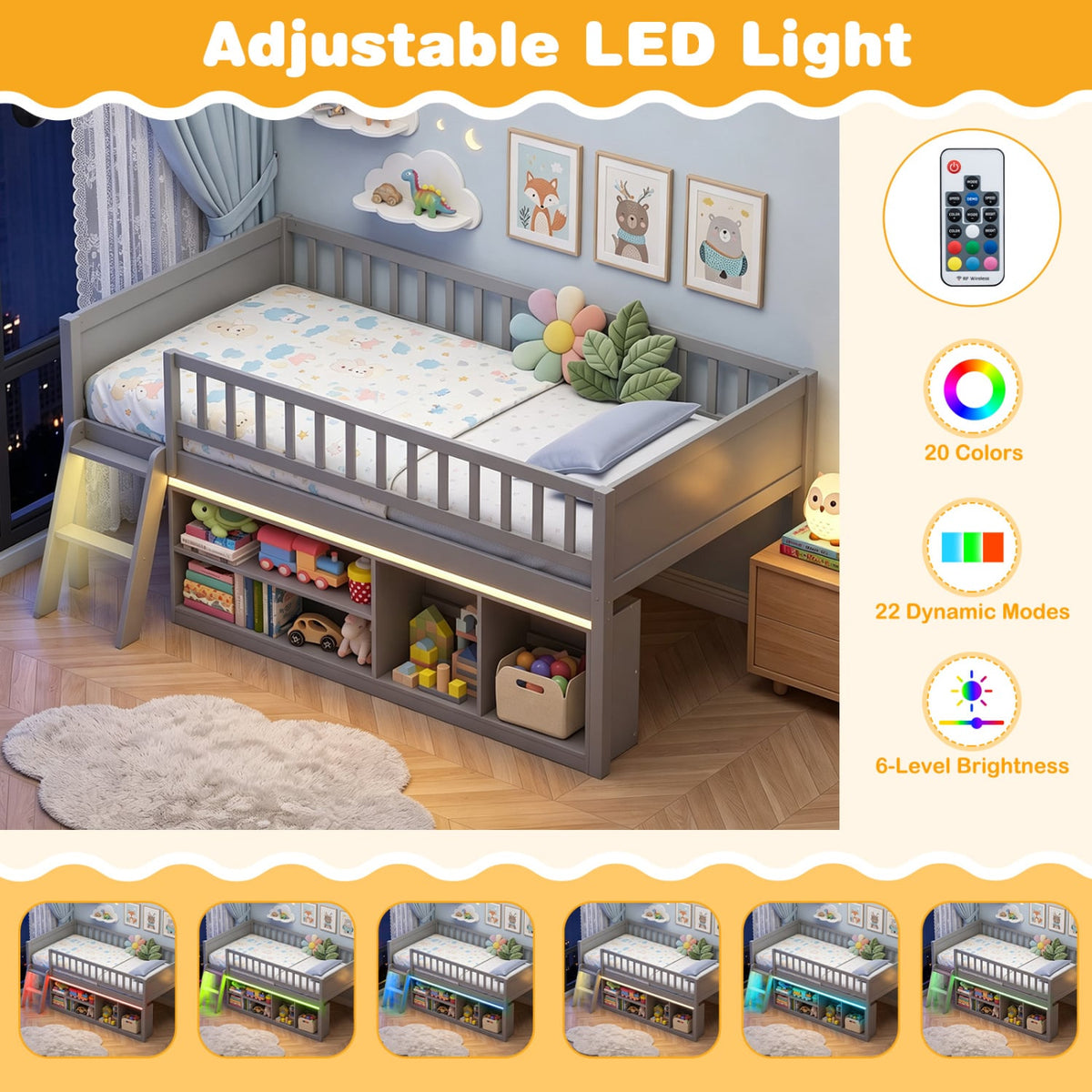 Twin Size Loft Bed with Adjustable LED Lights & Bookshelves and Guardrails for Kids-Gray-Toddler Beds-DECOROLALA
