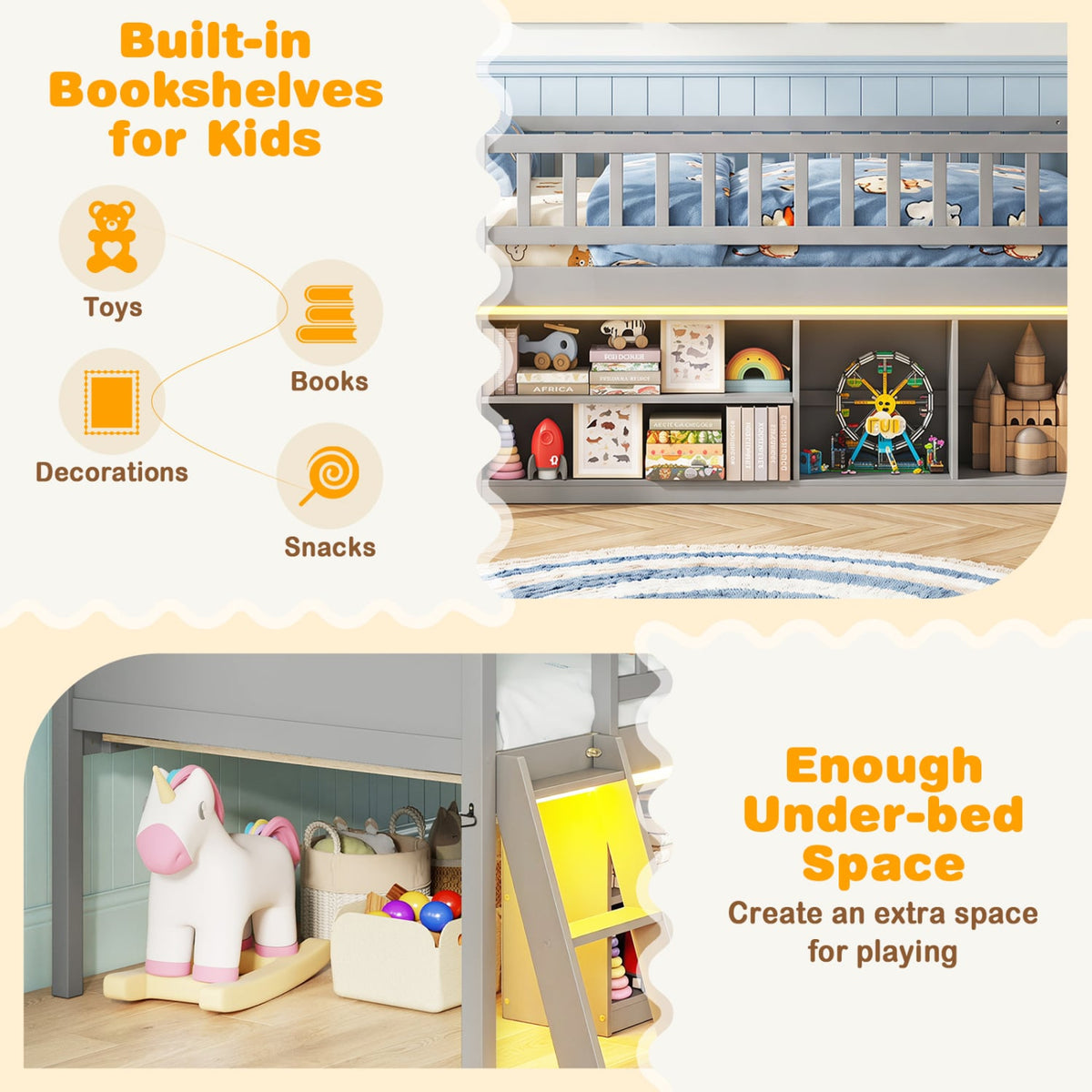 Twin Size Loft Bed with Adjustable LED Lights & Bookshelves and Guardrails for Kids-Gray-Toddler Beds-DECOROLALA