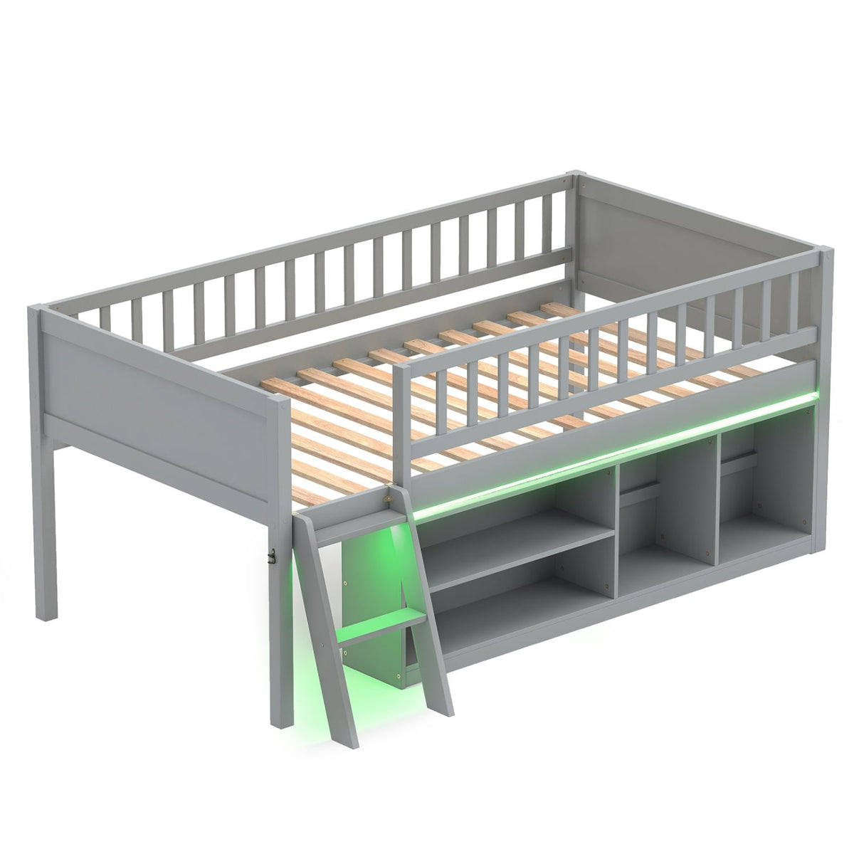Twin Size Loft Bed with Adjustable LED Lights & Bookshelves and Guardrails for Kids-Gray-Toddler Beds-DECOROLALA