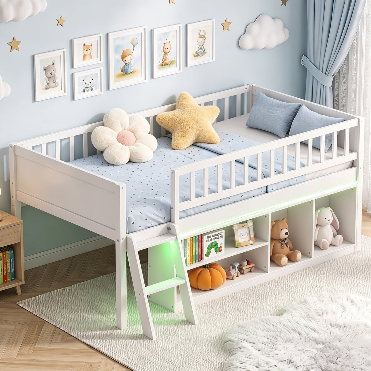 Twin Size Loft Bed with Adjustable LED Lights & Bookshelves and Guardrails for Kids-White-Toddler Beds-DECOROLALA