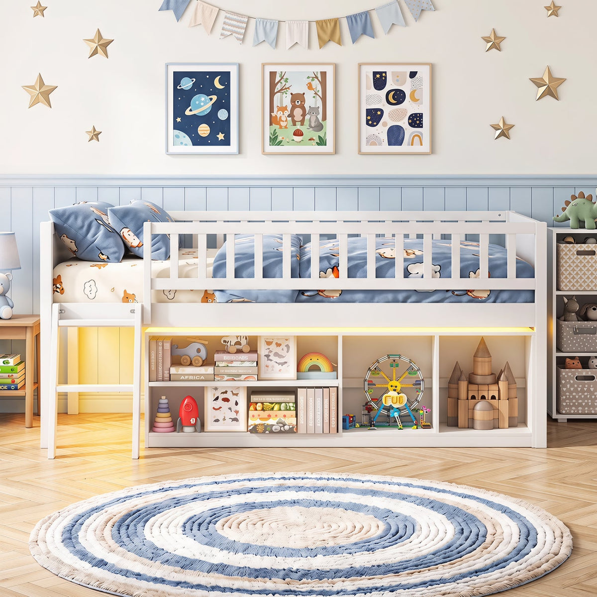 Twin Size Loft Bed with Adjustable LED Lights & Bookshelves and Guardrails for Kids-White-Toddler Beds-DECOROLALA