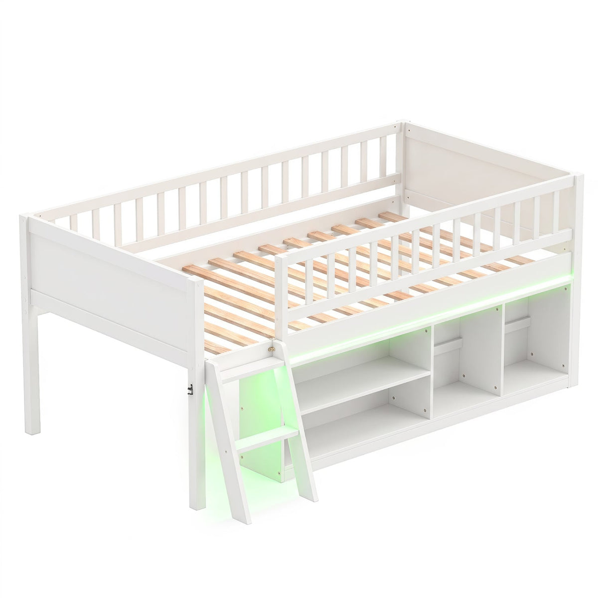Twin Size Loft Bed with Adjustable LED Lights & Bookshelves and Guardrails for Kids-White-Toddler Beds-DECOROLALA