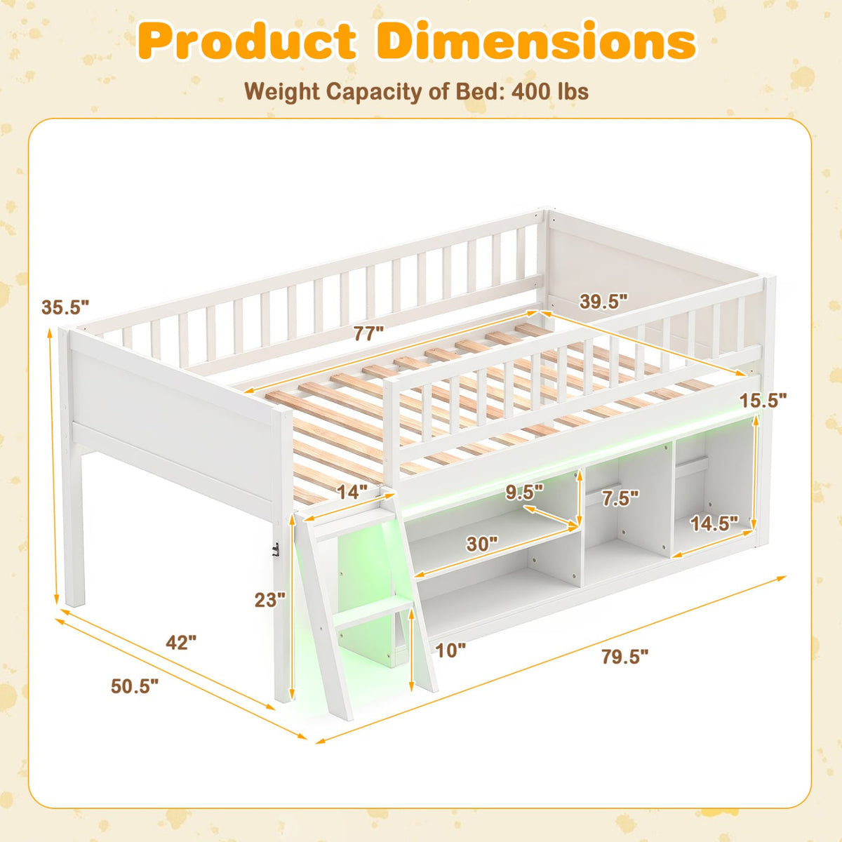 Twin Size Loft Bed with Adjustable LED Lights & Bookshelves and Guardrails for Kids-White-Toddler Beds-DECOROLALA