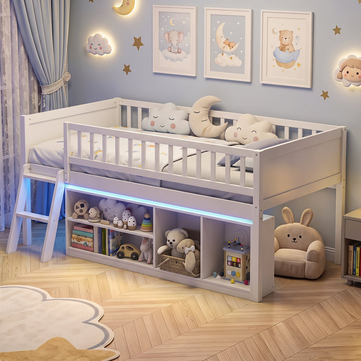 Twin Size Loft Bed with Adjustable LED Lights & Bookshelves and Guardrails for Kids-White-Toddler Beds-DECOROLALA