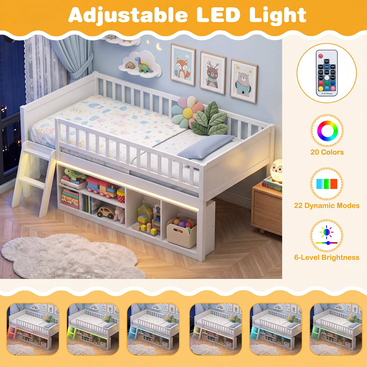 Twin Size Loft Bed with Adjustable LED Lights & Bookshelves and Guardrails for Kids-White-Toddler Beds-DECOROLALA