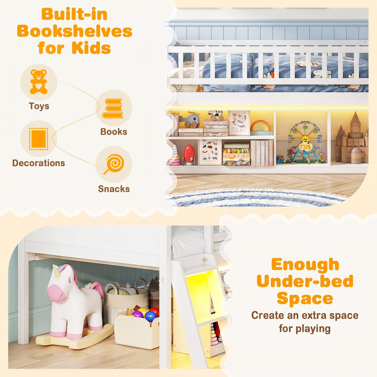 Twin Size Loft Bed with Adjustable LED Lights & Bookshelves and Guardrails for Kids-White-Toddler Beds-DECOROLALA