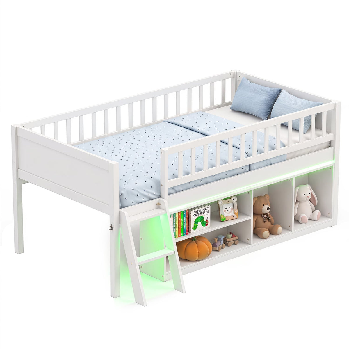 Twin Size Loft Bed with Adjustable LED Lights & Bookshelves and Guardrails for Kids-White-Toddler Beds-DECOROLALA