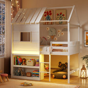 Twin Size Loft Bed with LED Lights Roof Window and Storage Bookshelf-White-Bunk Bed Frame-DECOROLALA
