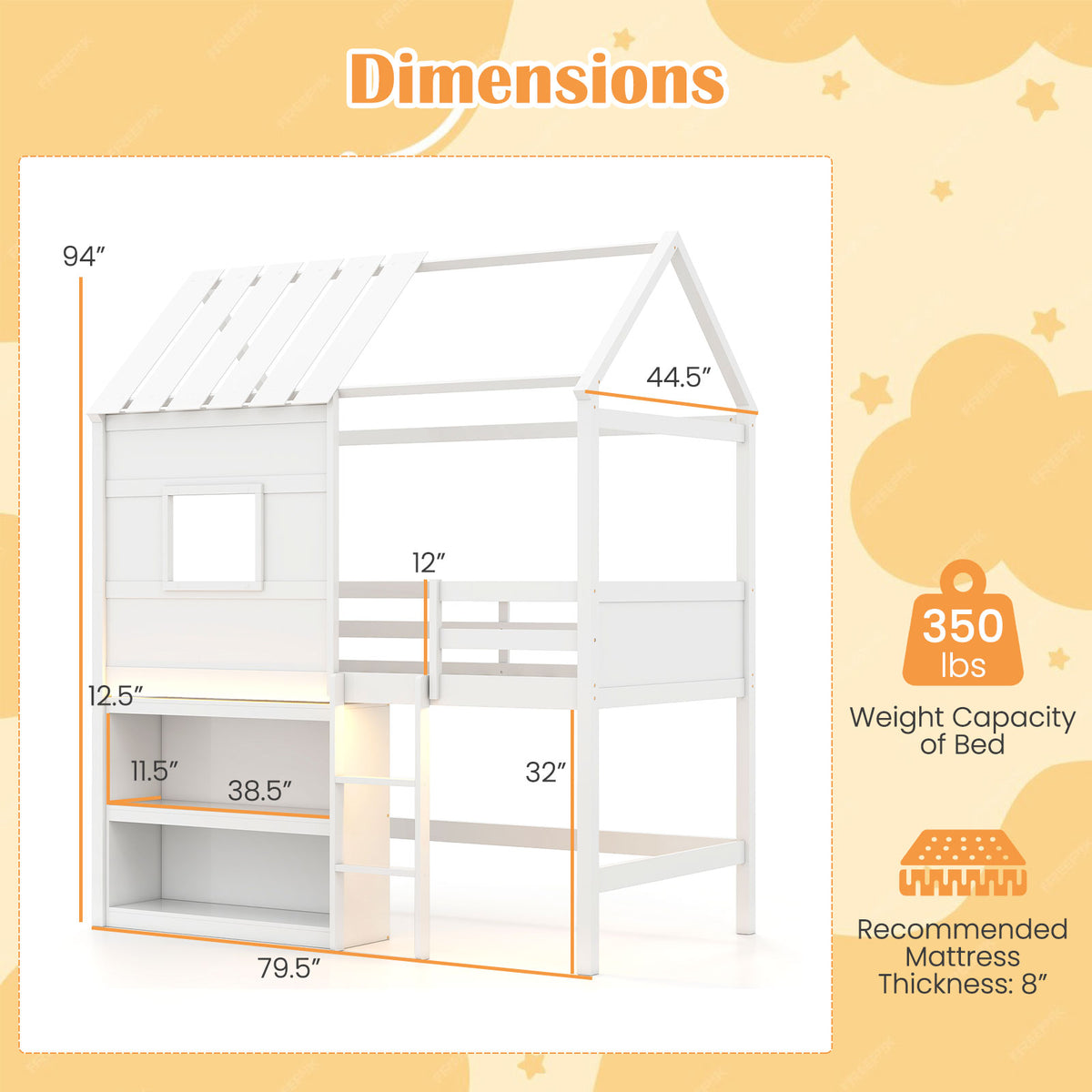 Twin Size Loft Bed with LED Lights Roof Window and Storage Bookshelf-White-Bunk Bed Frame-DECOROLALA