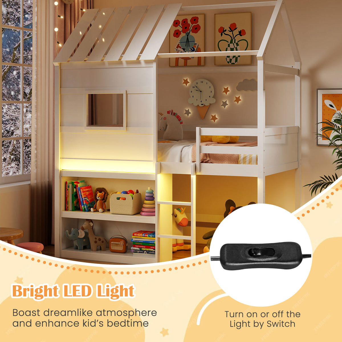 Twin Size Loft Bed with LED Lights Roof Window and Storage Bookshelf-White-Bunk Bed Frame-DECOROLALA