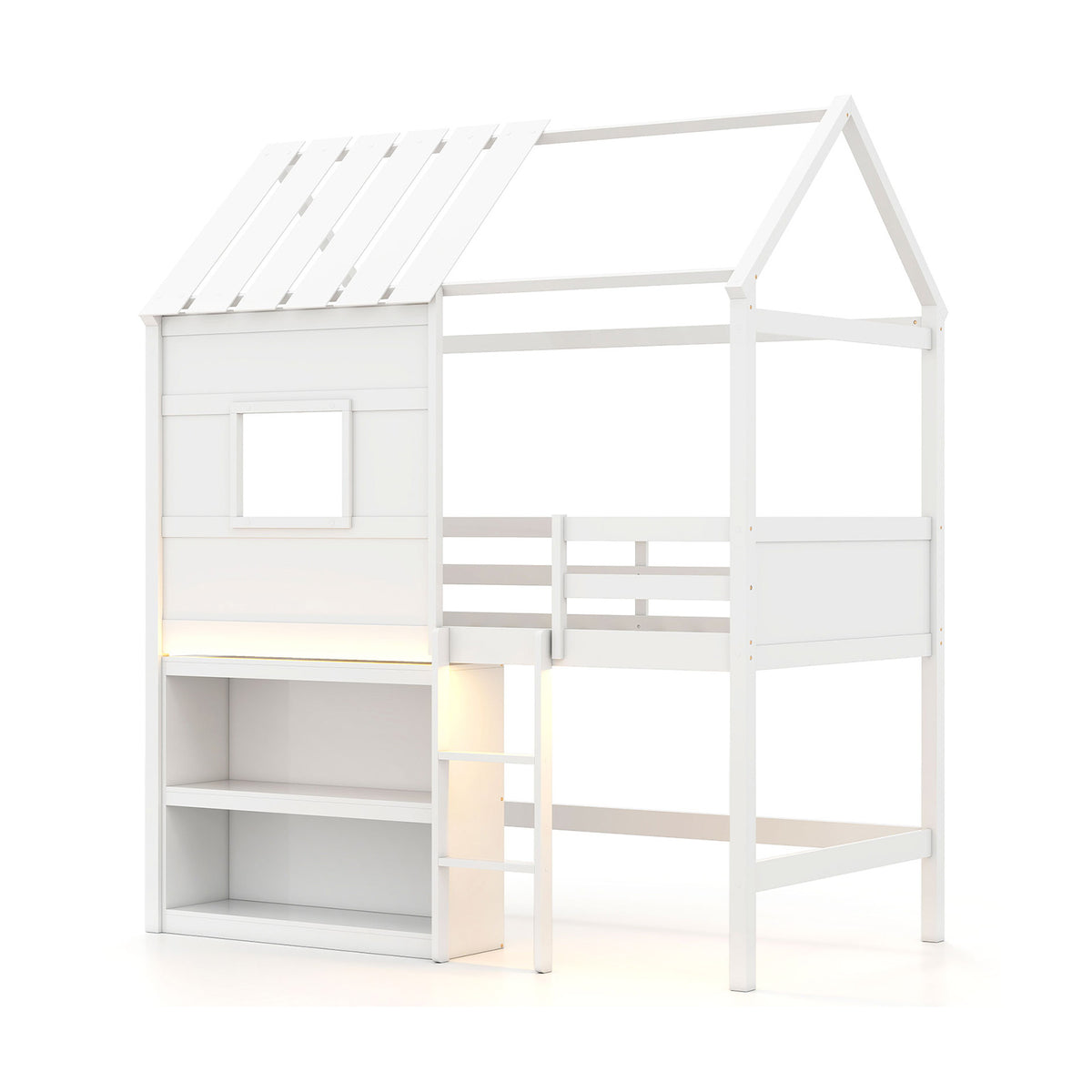 Twin Size Loft Bed with LED Lights Roof Window and Storage Bookshelf-White-Bunk Bed Frame-DECOROLALA
