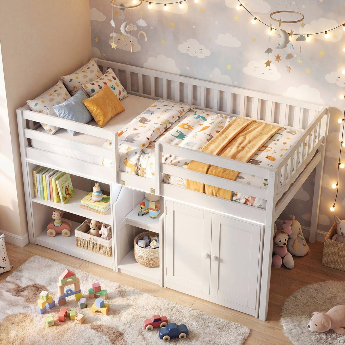 Twin Size Loft Bed with LED Lights and Kids Wooden Bed Frame-Bunk Bed Frame-DECOROLALA