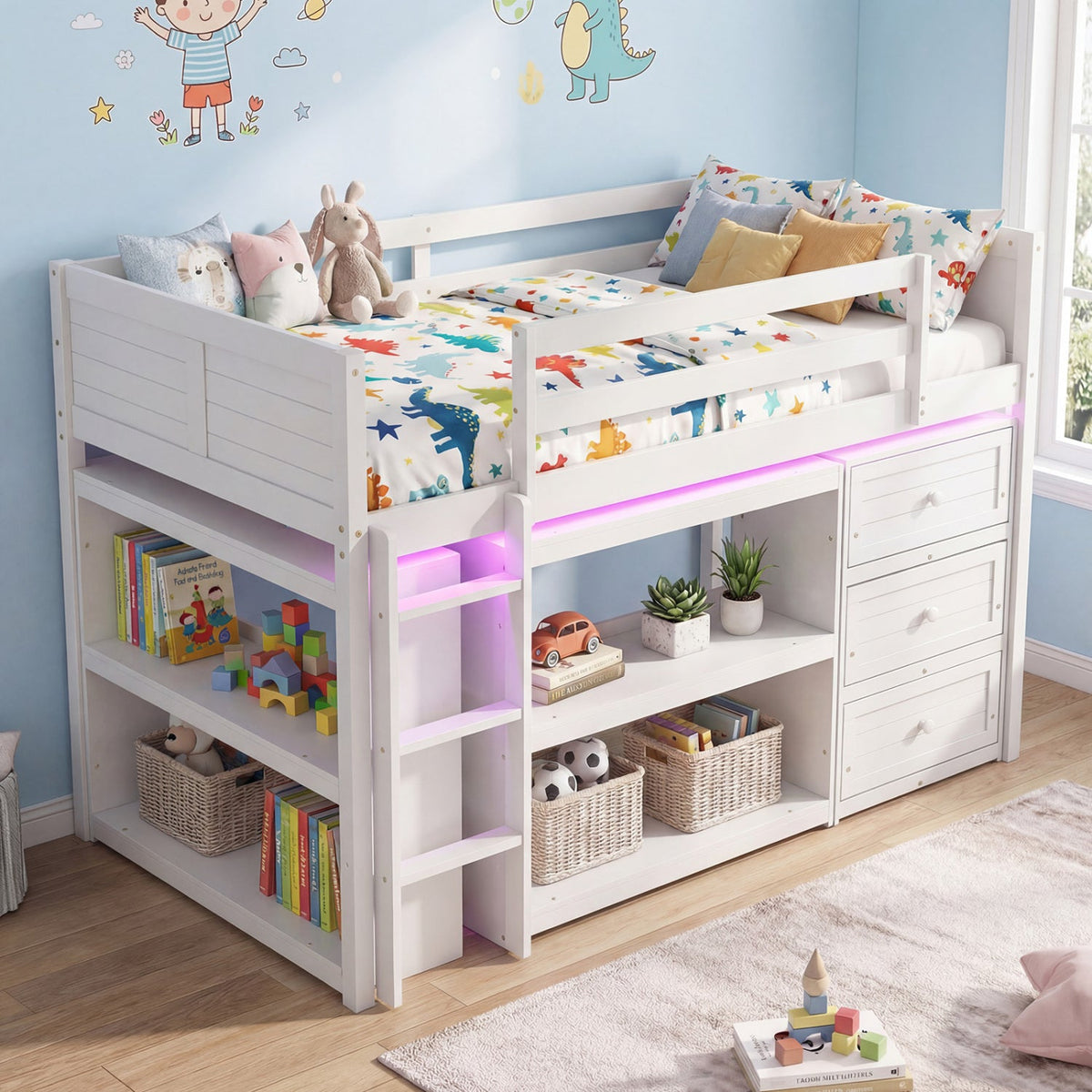 Twin Size Loft Bed with LED Lights and Underbed Space for Kids-Bunk Bed Frame-DECOROLALA