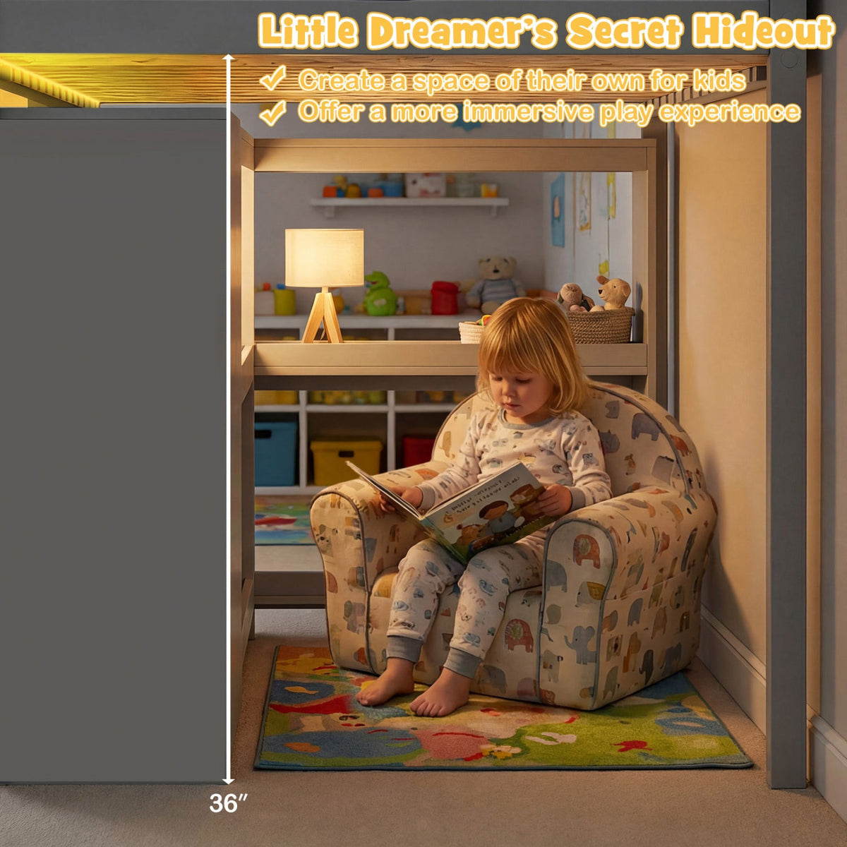 Twin Size Loft Bed with LED Lights and Underbed Space for Kids-Bunk Bed Frame-DECOROLALA