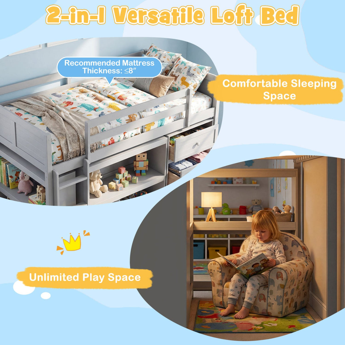Twin Size Loft Bed with LED Lights and Underbed Space for Kids-Bunk Bed Frame-DECOROLALA