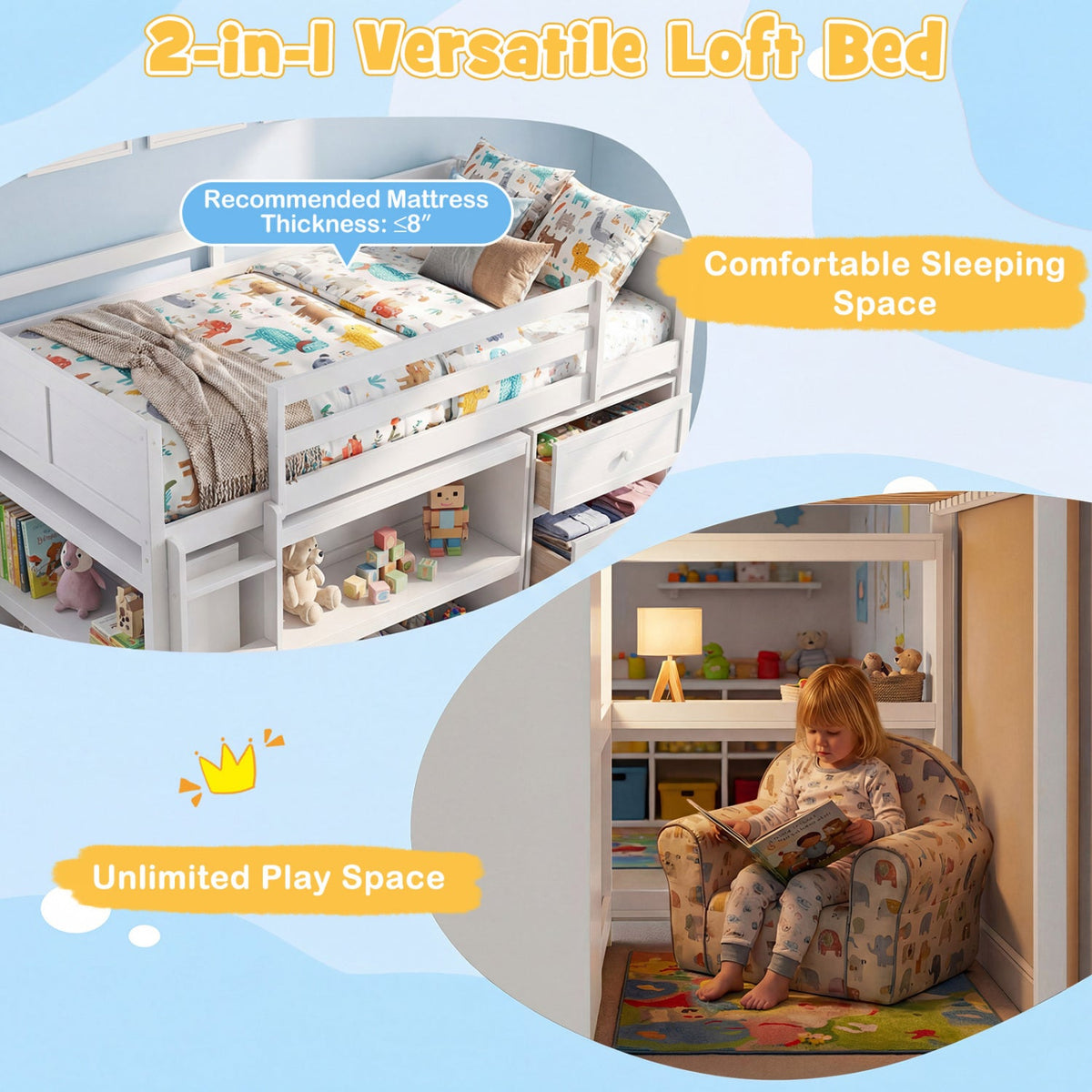 Twin Size Loft Bed with LED Lights and Underbed Space for Kids-Bunk Bed Frame-DECOROLALA