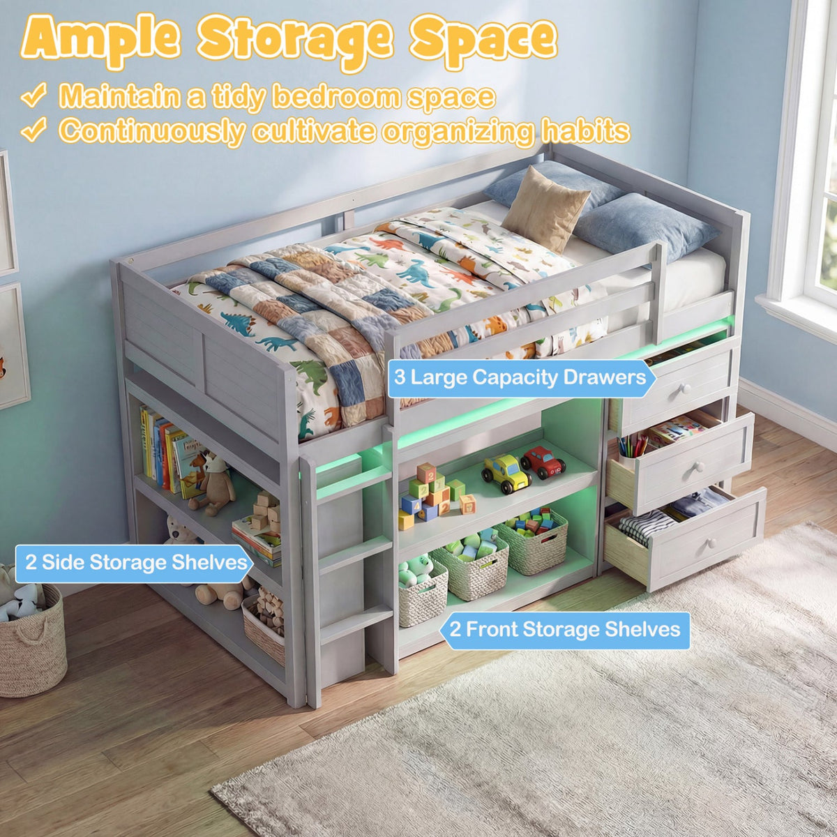 Twin Size Loft Bed with LED Lights and Underbed Space for Kids-Bunk Bed Frame-DECOROLALA